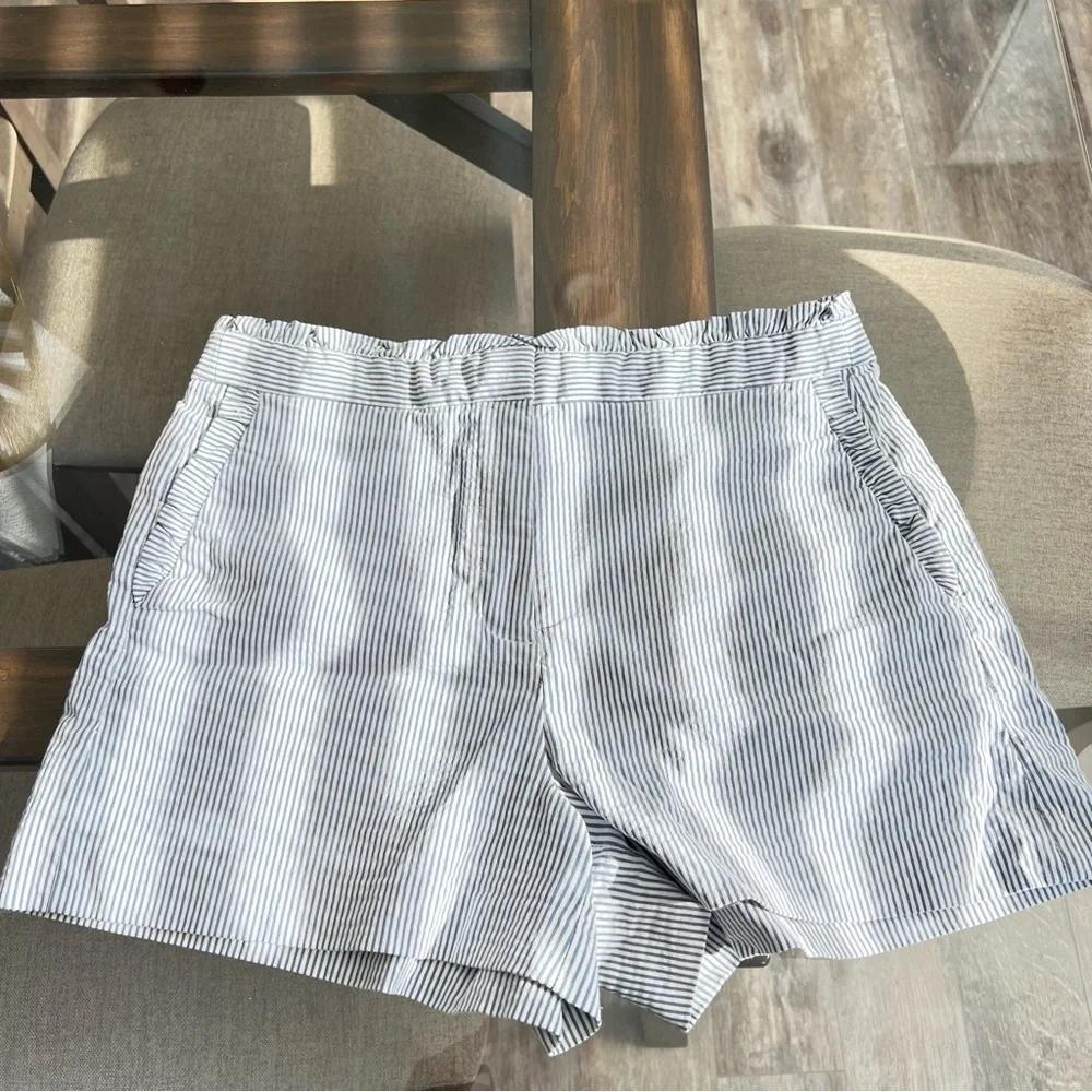 J. Crew High-Waisted Ruffled Seereucker Shorts - Raised Textured Blue Stripes